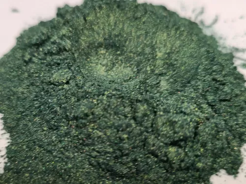 Hunter Green Pearl Is a Multi Color series Mica Pigment which is sized at 10-60 UM.